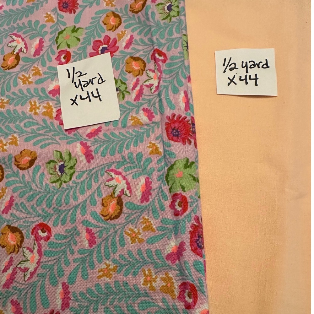 Floral Lilac and Solid Peach Cotton Fabric Bundle 1 Yard Total 44" Wide Quilting